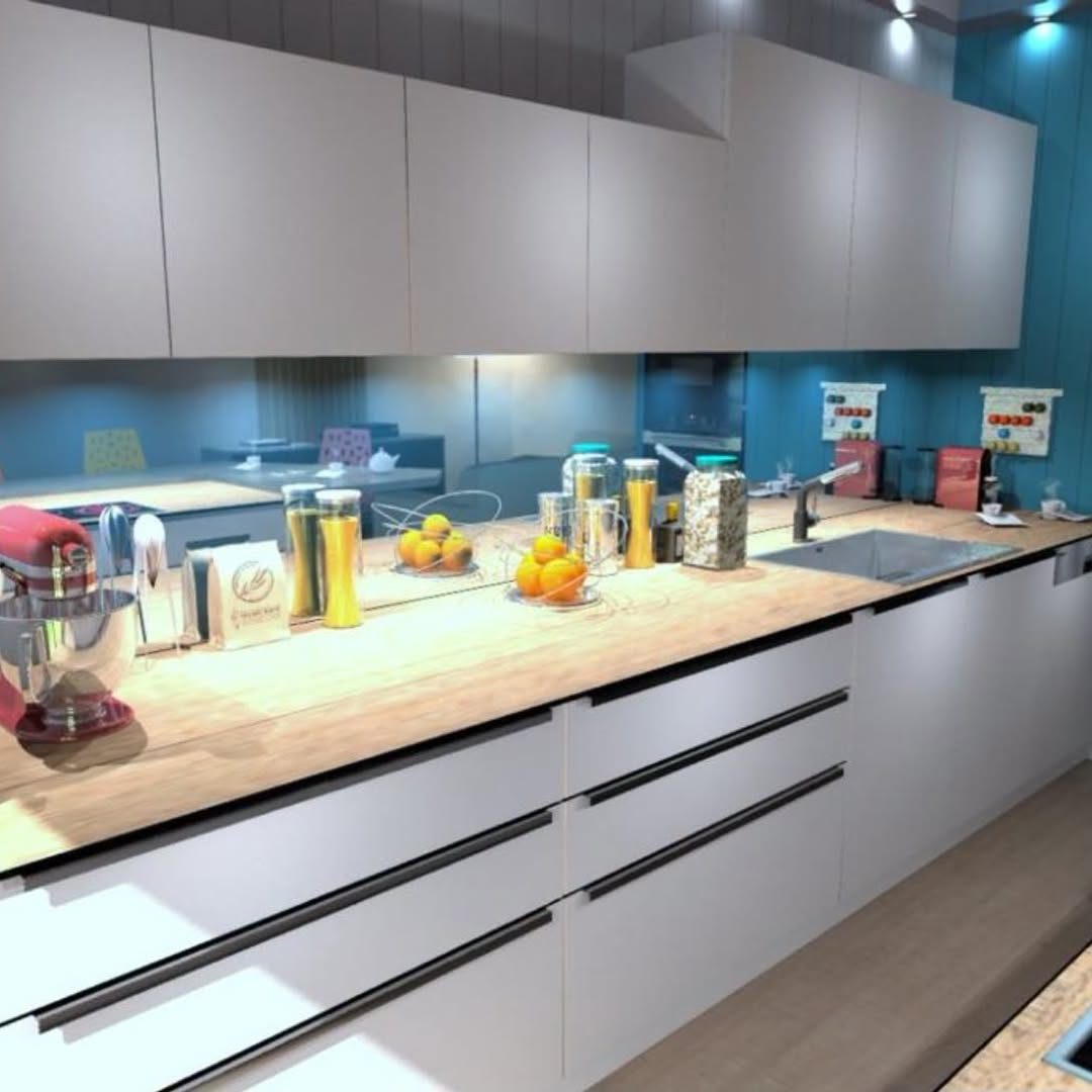 Linéaire de cuisine blanc, crédence bleue et plan bois