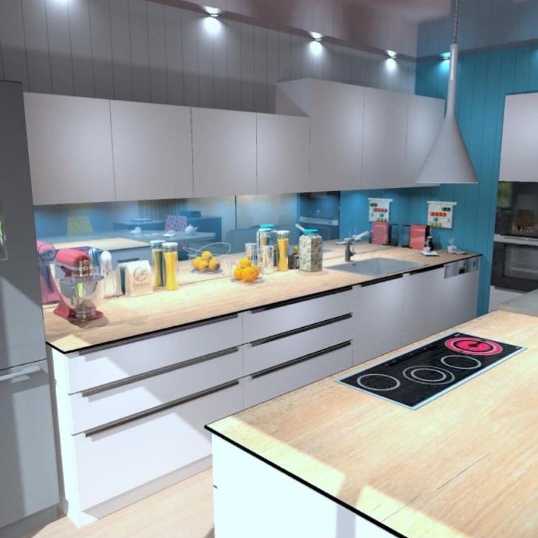 Cuisine blanche et murs bleu lagon, îlot avec plaque de cuisson, rendu 3D